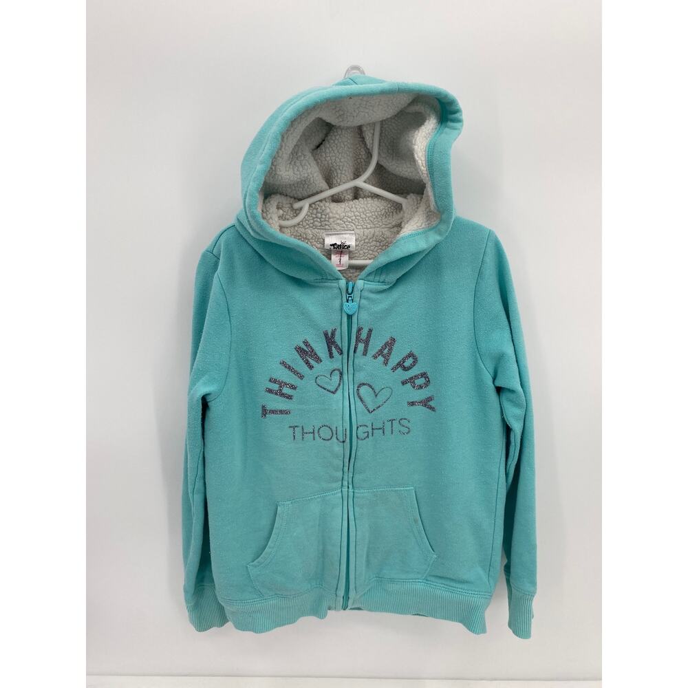 Justice Teal Blue Full Zip Girls Think Happy Thoughts Sherpa Lined Hoodie 7